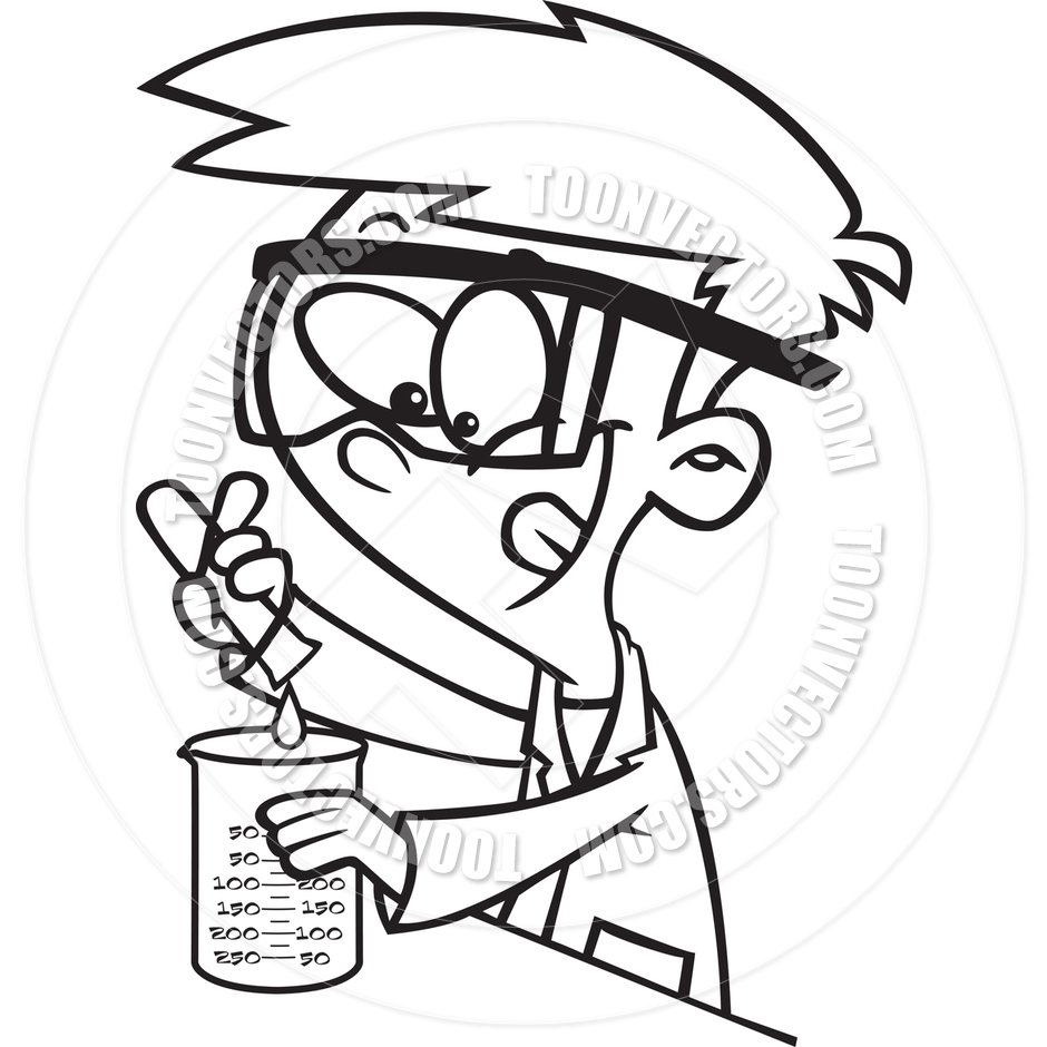 Cartoon Science Boy With Test Tube And Beaker  Black   White Line Art