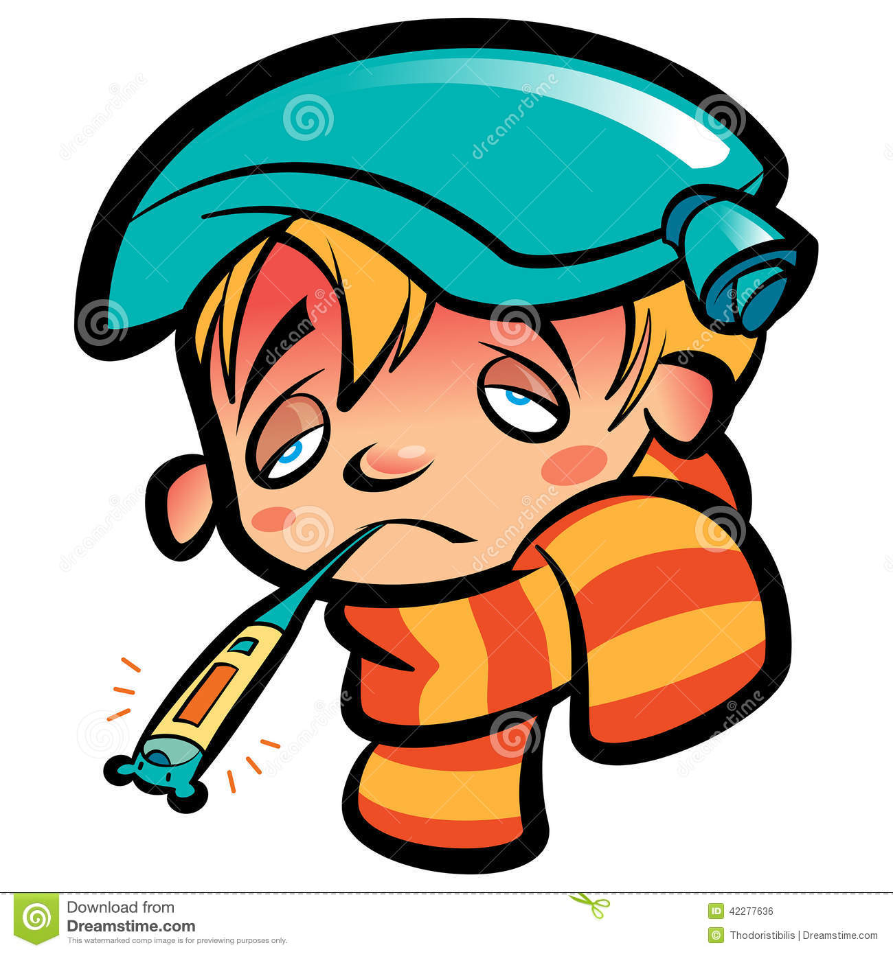 Cartoon Sick Boy Head With Thermometer Scarf And Ice Bag Stock Vector