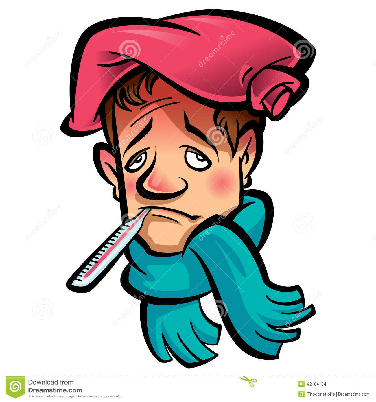 Cartoon Sick Man Head With Thermometer Scarf And Ice Bag Stock Vector