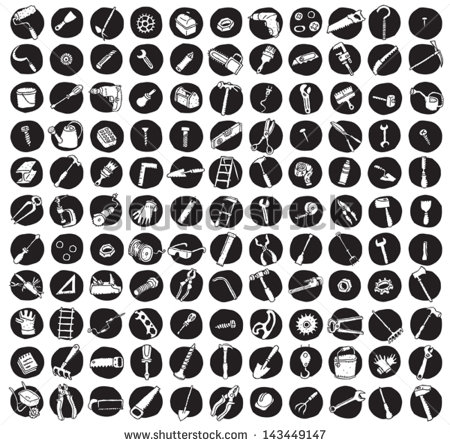 Collection Of 121 Tools Doodled Icons  Vignette  On Black Background