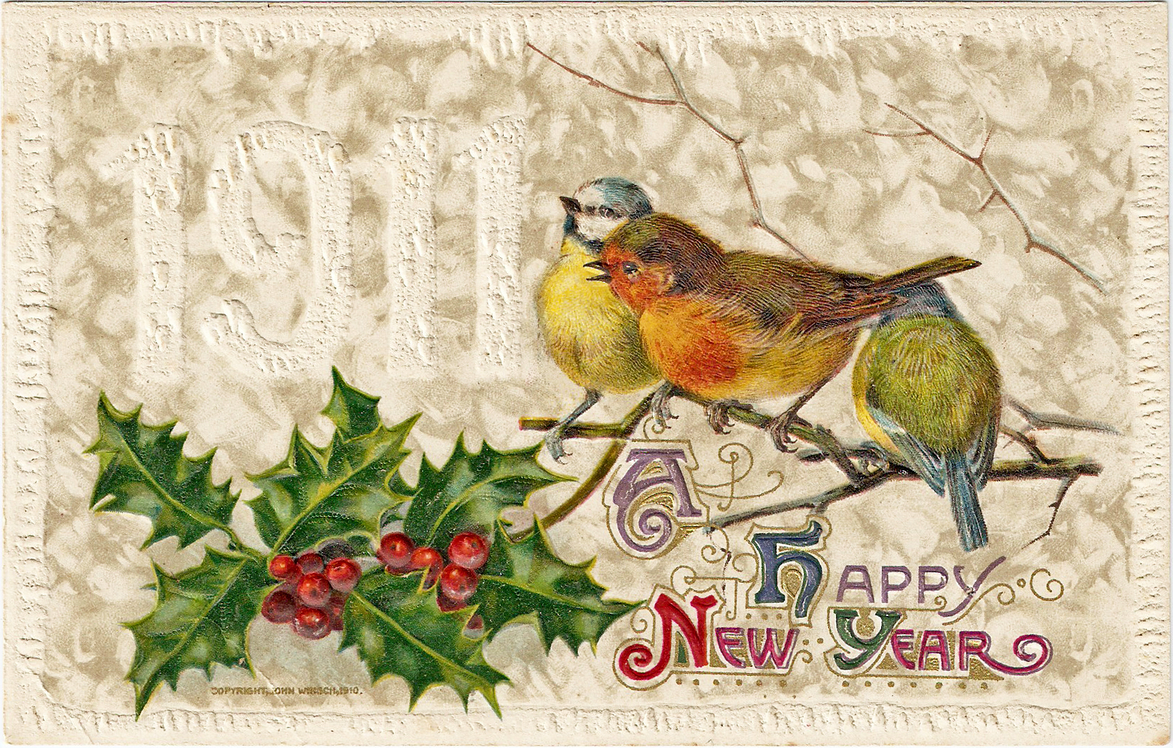 Happy New Year 1911 Vintage Embossed Postcard With Pretty Birdies