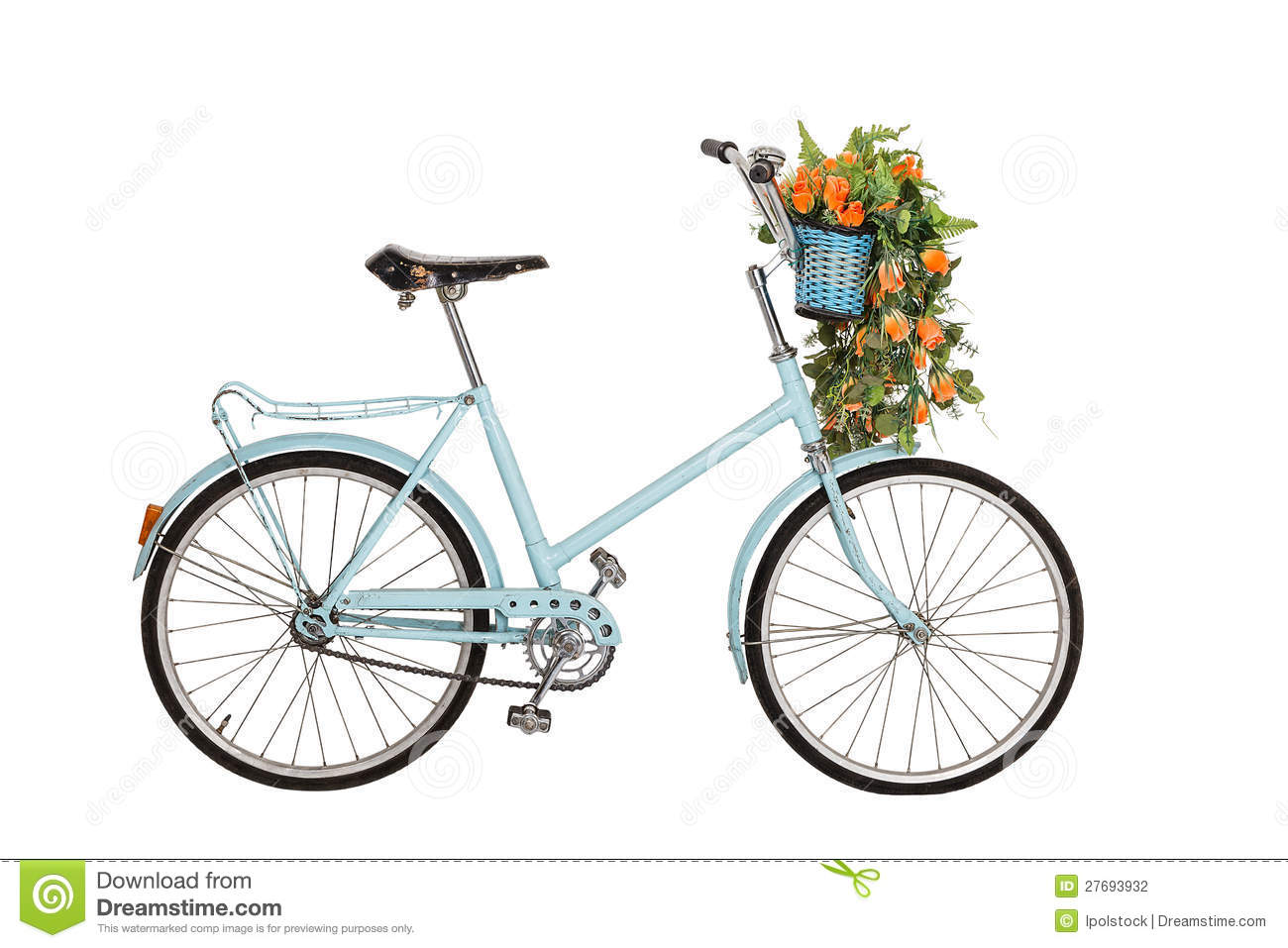 Old Retro Blue Bicycle With Flowers Bouquet In Basket Isolated On