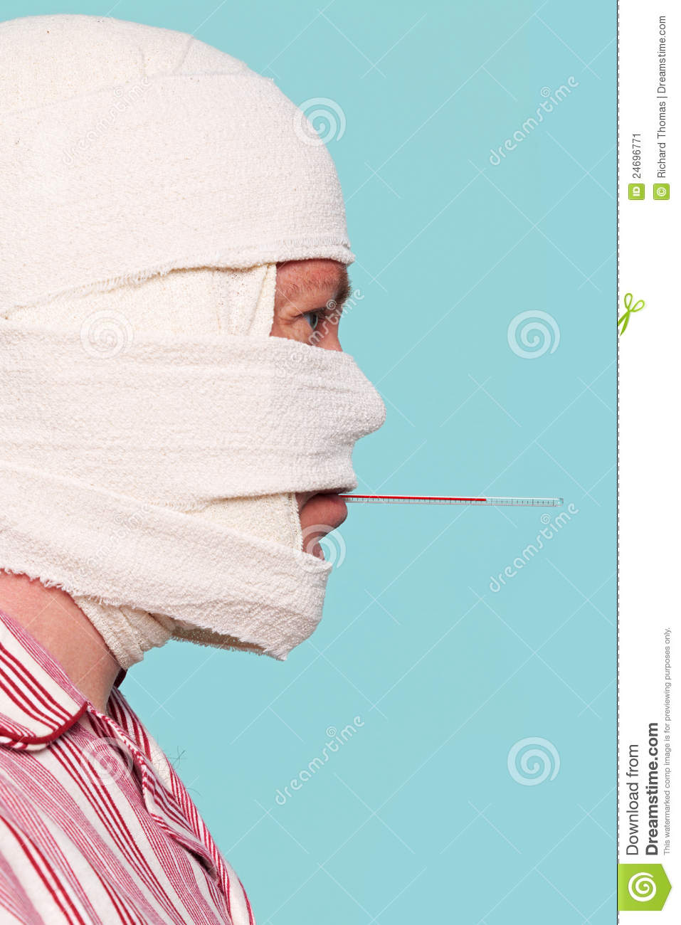 Photo Of A Hospital Patient With A Bandaged Head And A Thermometer In