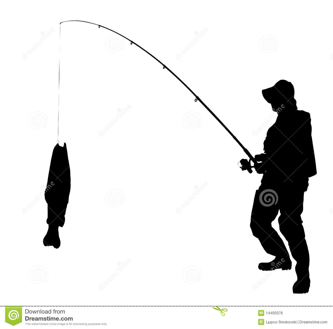 Silhouette Of A Fisherman With A Fish Isolated On White Background 