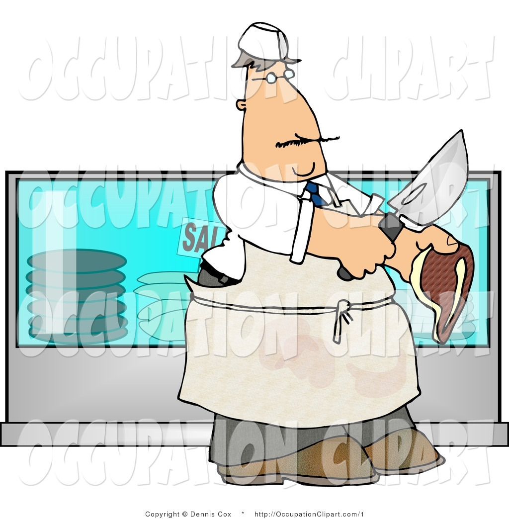 Vector Clip Art Butcher Holding Beef Steak And Knife Beside Meat