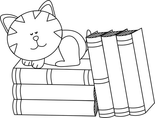 Black And White Cat Sleeping On Books Clip Art Image   Black And White