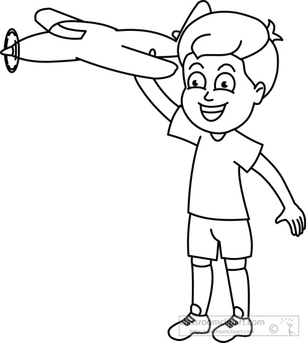 Children   Boy With Toy Plane Outline   Classroom Clipart