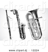 Clipart Of A Clarinet Saxophone And Tuba   Digital Black And White    