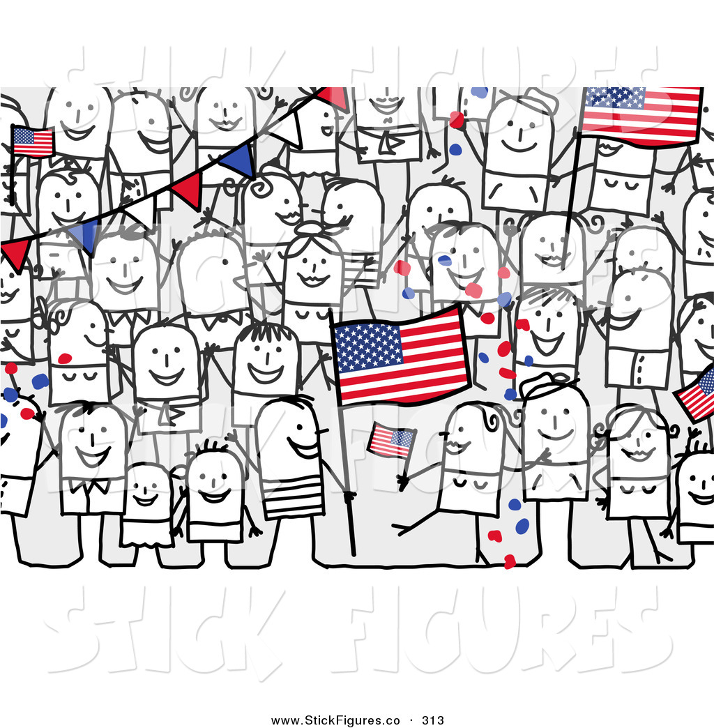     Of A Crowd Of Patriotic Stick People Characters With An American Flag