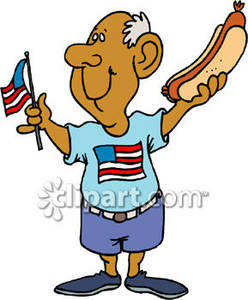 Patriotic Man Eating A Hot Dog   Royalty Free Clipart Picture
