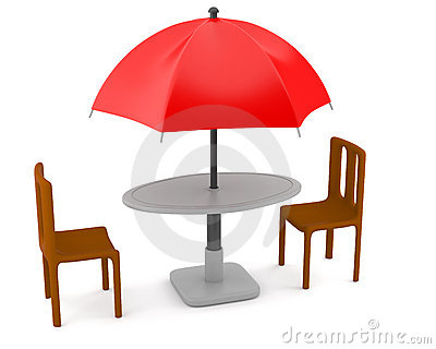 Red Umbrella With Table And Chairs Royalty Free Stock Photography