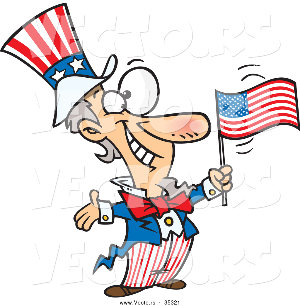 Vector Of A Smiling Cartoon Patriotic Uncle Sam Waving An American