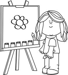 Clip Art Black And White   Black And White Girl Painting On Easel Clip