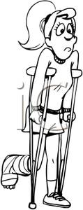 Coloring Page Of A Sad Girl With A Broken Foot And Crutches   Clipart