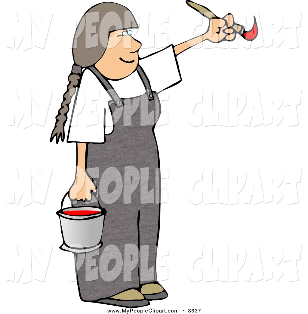 Girl Artist Wearing A Gray Apron Painting With A Paintbrush And Bucket