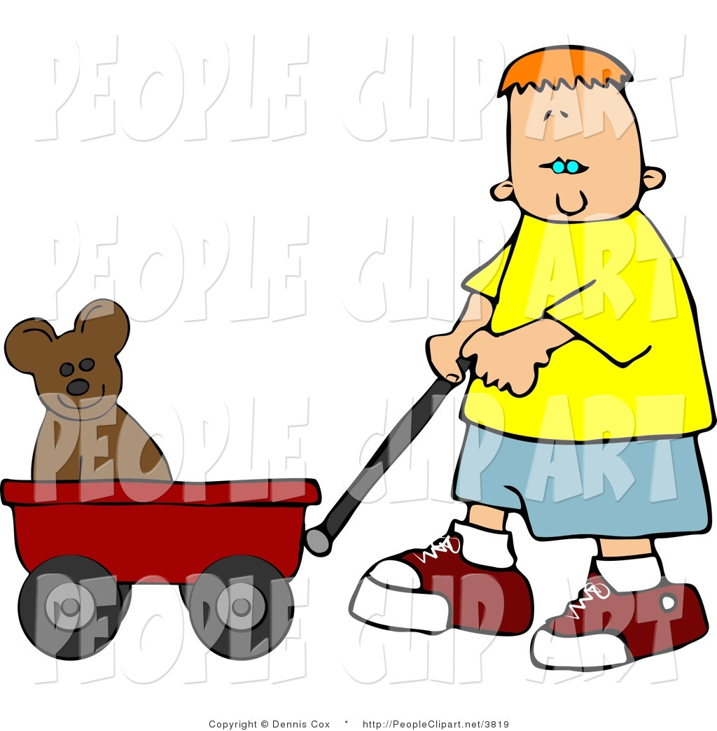 Larger Preview  Clip Art Of A Boy Pulling His Brown Teddy Bear In A