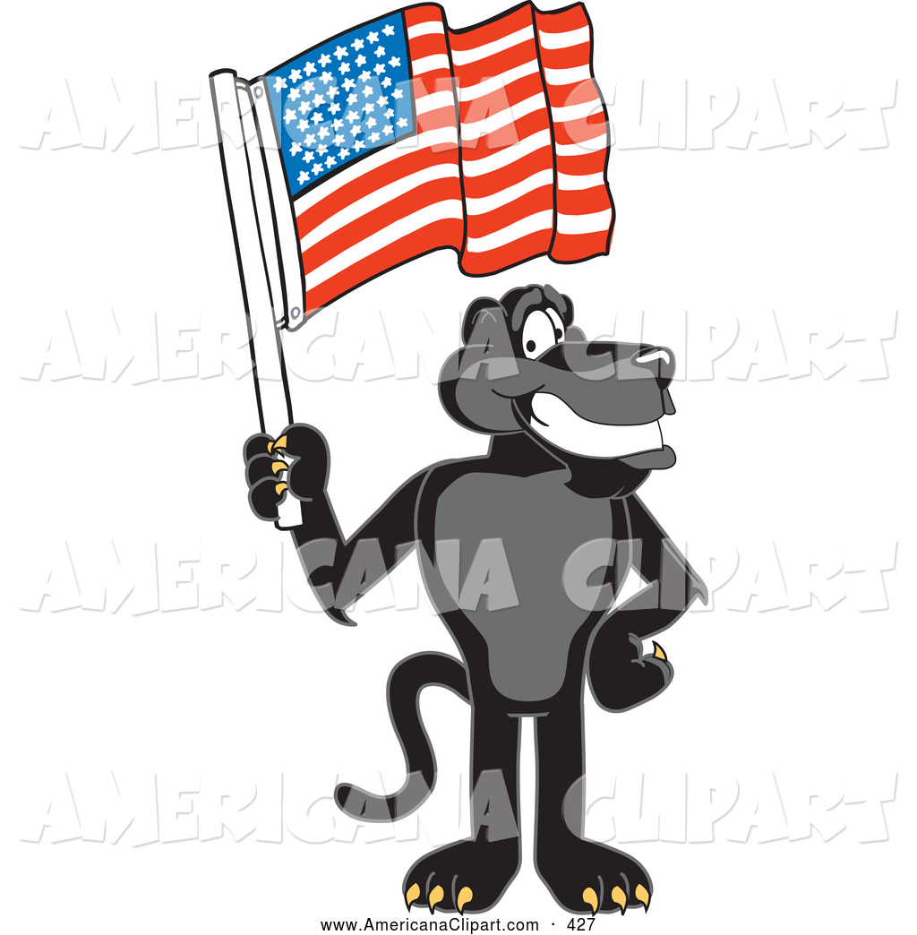 Patriotic Black Jaguar Mascot Character Waving An American Flag