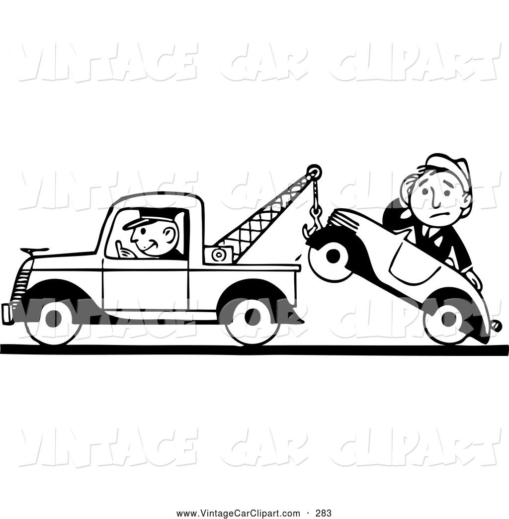 Clipart Of A Black And White Old Fashioned Tow Truck Driver And Man In