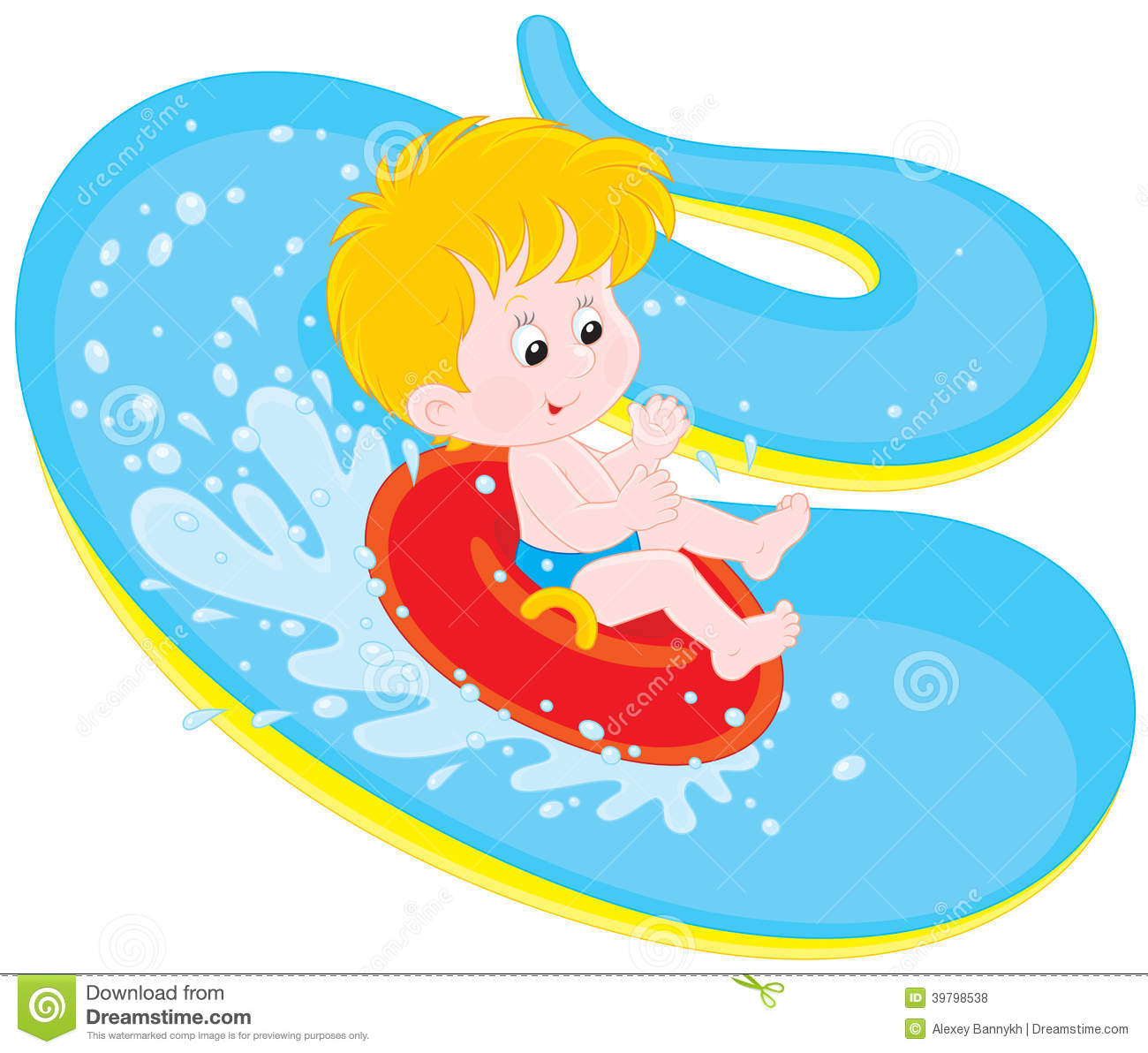 Little Boy Slides Down In A Waterpark 