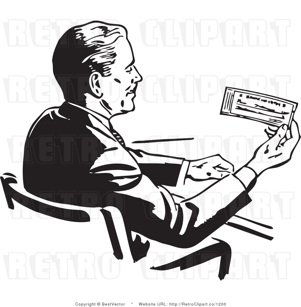 And White Retro Vector Clip Art Of A Businessman Sitting At His Office