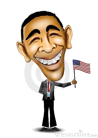 Caricature Of President Barack Obama Standing And Holding Us Flag