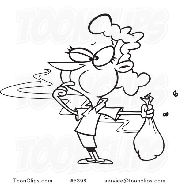 Cartoon Black And White Line Drawing Of A Lady Catching A Whiff Of