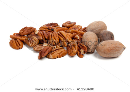 Shelled And Whole Pecans On White Background   Stock Photo