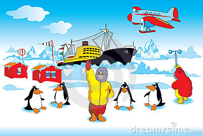 Vector Illustration Of Polar Station With Polar Explorers And Merry