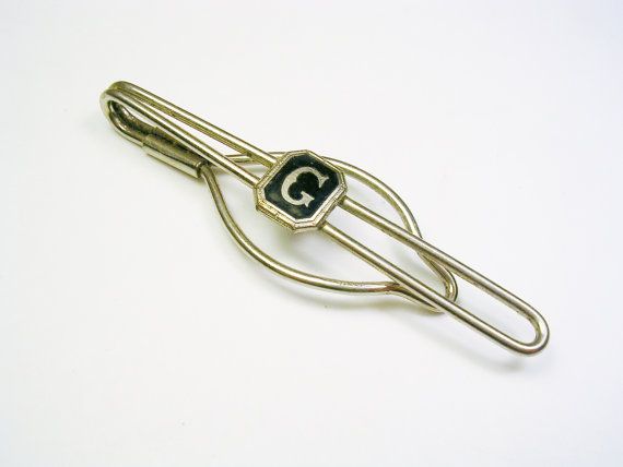 Vintage Art Deco Initial G Tie Clip Clasp Bar Slide Silver Tone Black