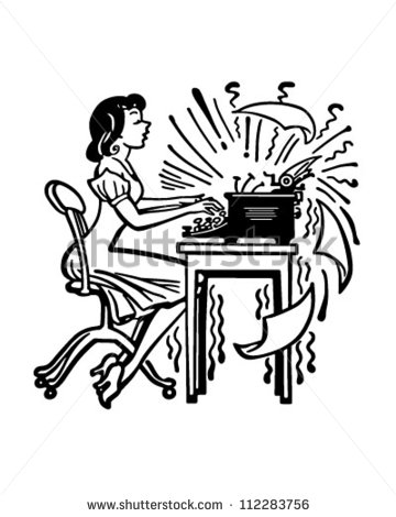 Woman Typing Madly   Retro Clipart Illustration   Stock Vector