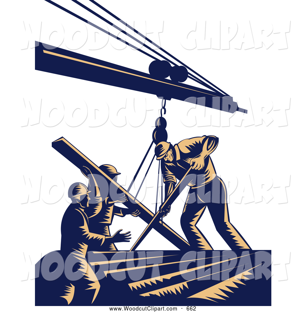 Clip Art Of A Team Of Construction Workers Using A Boom To Lift Lumber