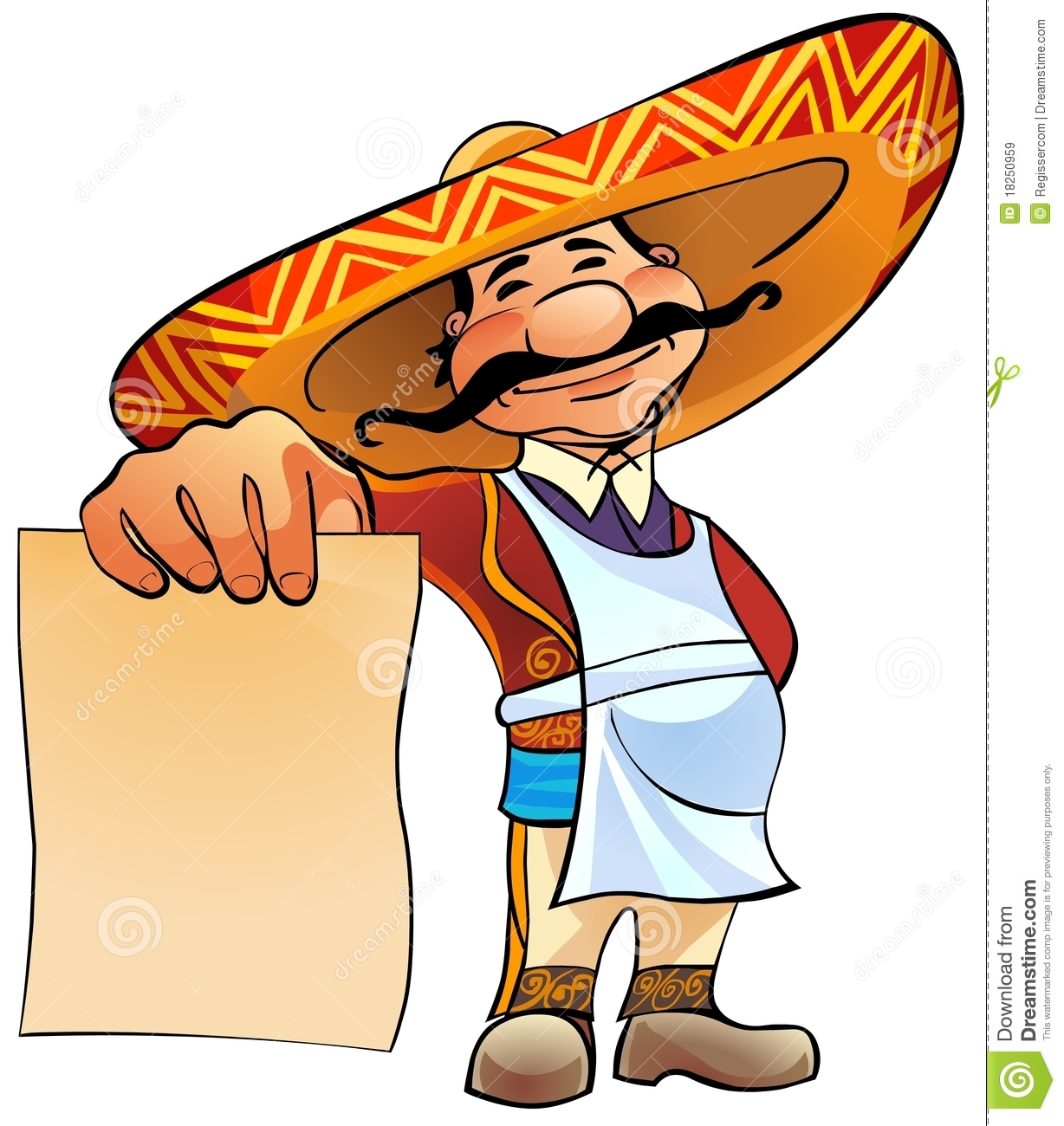 Happy Mexican Cook Holds In Hand A Blank Sheet Of Paper
