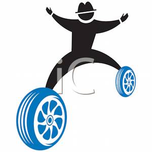     Cartoon Of A Man Straddling To Wheels   Royalty Free Clipart Picture