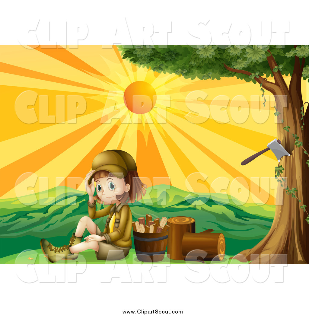 Clipart Of A Scout Girl By Chopped Wood At Sunset By Colematt    311