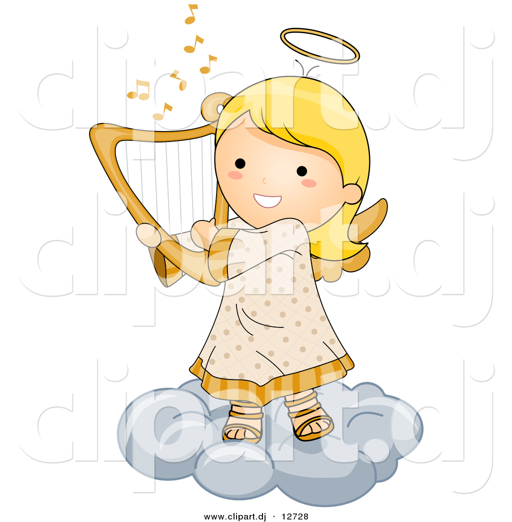 Vector Clipart Of A Cartoon Angel Girl Playing Harp While Standing On
