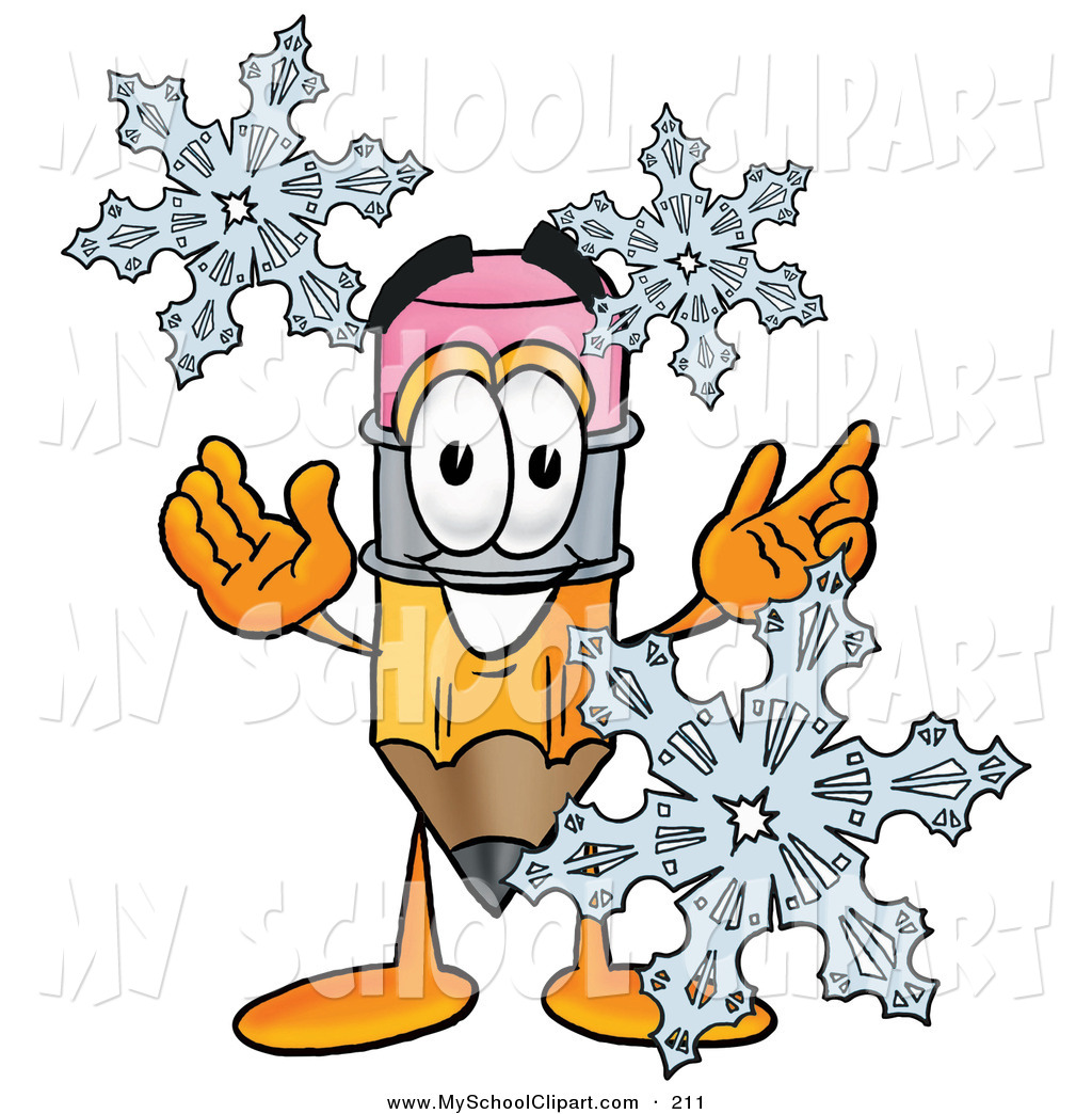Yellow Pencil Mascot Cartoon Character With Three Snowflakes In Winter