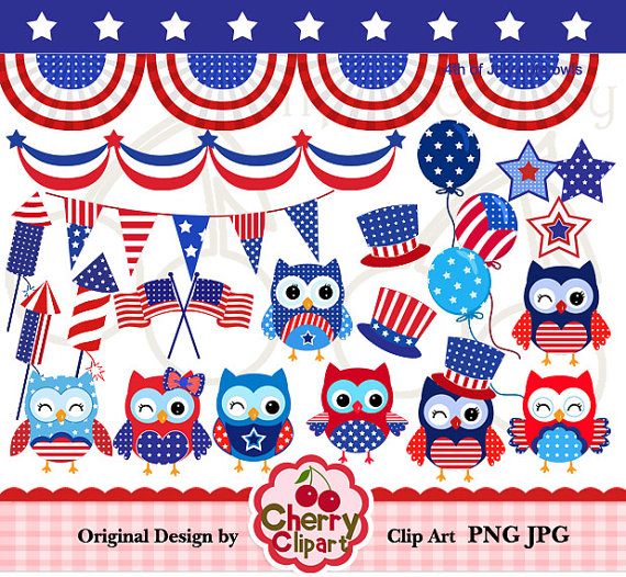 4th Of July Cute Owls Digital Clipart Set For Personal And Commercial