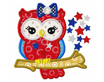 4th Of July Owl 03  Patriotic Digital Applique  4x4 5x7 6x10 Machine