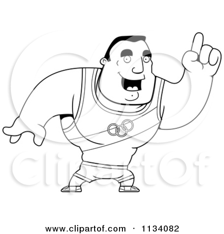 Cartoon Clipart Of An Outlined Buff Olympic Athlete Man With An Idea