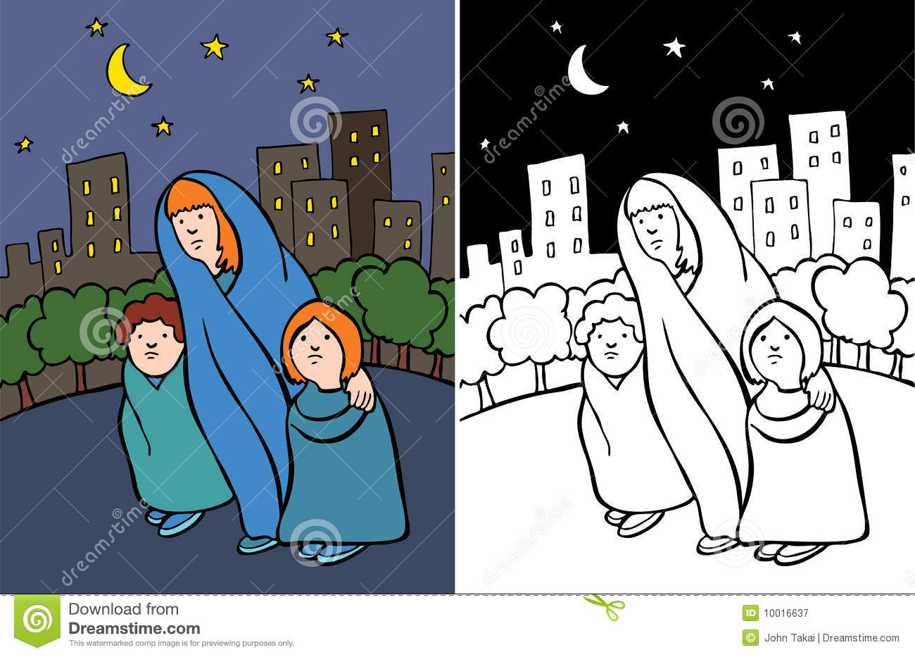 Cartoon Image Of A Homeless Family   Color And Black White Versions 