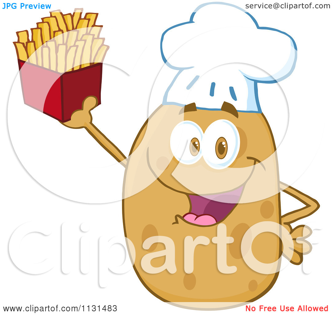 Cartoon Of A Happy Chef Potato Mascot Holding Fries   Royalty Free    