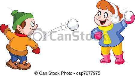 Clipart Vector Of Kids Playing With Snow   Kids Throwing Snowballs At