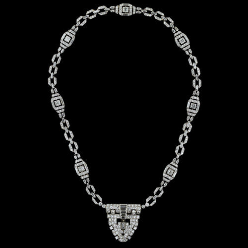 Art Deco Diamond Necklace Clip Pin And Double Bracelet Combinat Image