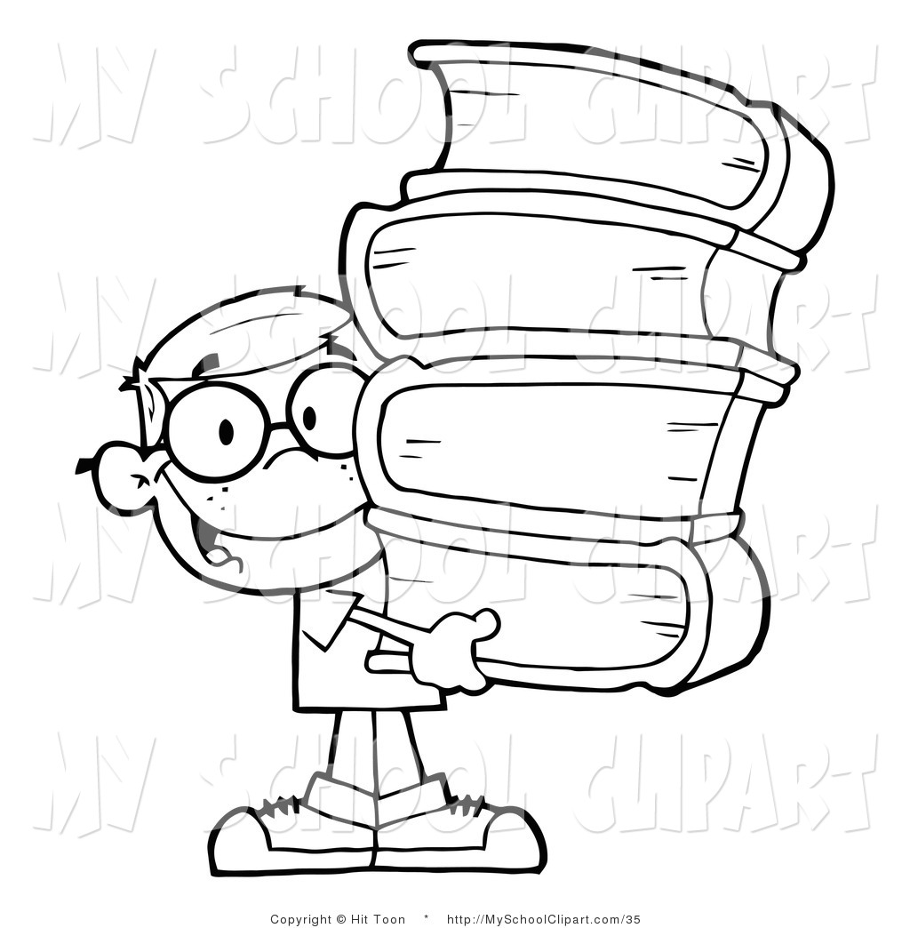 Clip Art Of A Coloring Page Smart School Boy Carrying Stack