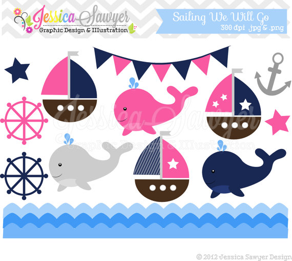 Instant Download Baby Girl Sailing Clip Art Whale Clipart Sail Boat