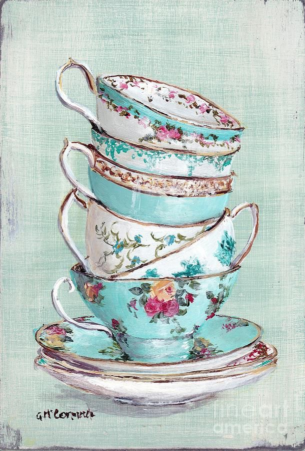 Themed Tea Cups Painting   Stacked Aqua Themed Tea Cups Fine Art Print