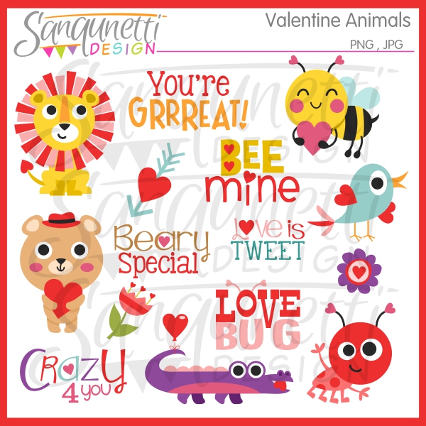 Valentine Animals Clipart  Sanqunetti Design  Quality Commercial Use    