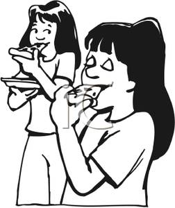 Black And White Girl Eating Pizza Clipart Image
