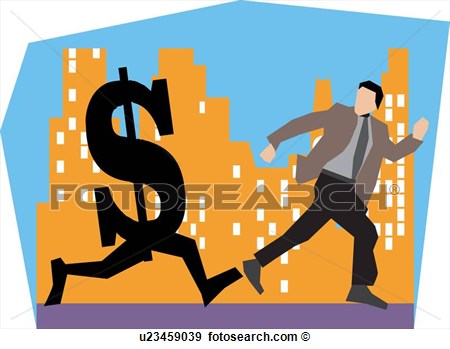 Businessman Running With Dollar By Buildings View Large Illustration