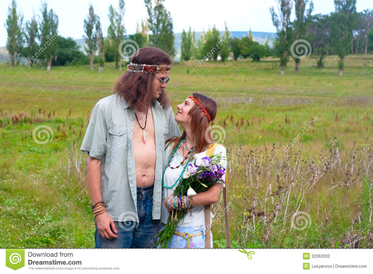 Couple Hippie In Love With Flowers Stock Photography   Image  32362032